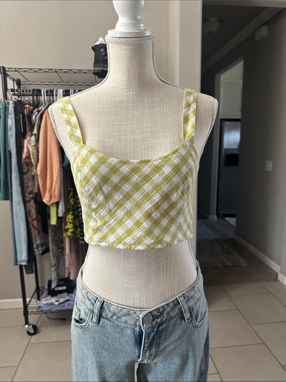 Aerie Cropped Gingham Tank Top in Lime Green
